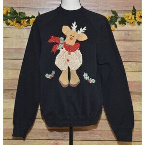 Vintage Hand Crafted Black Christmas 3-D Reindeer Sweatshirt Size L Granny Core